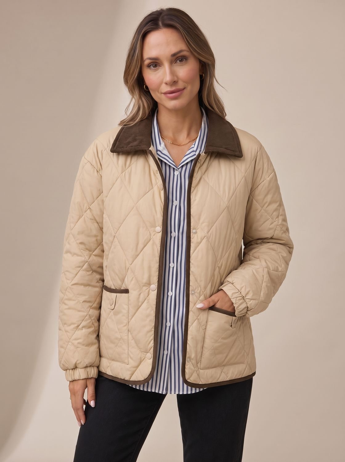 Cozy Diamond Quilted Jacket for Women with Corduroy Collar Long Sleeve Snap Front Oversized Style