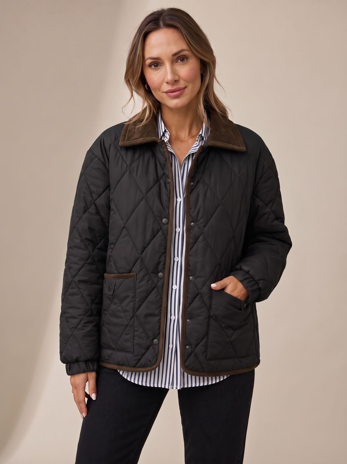 Cozy Diamond Quilted Jacket for Women with Corduroy Collar Long Sleeve Snap Front Oversized Style