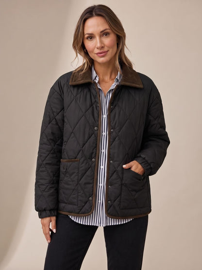Cozy Diamond Quilted Jacket for Women with Corduroy Collar Long Sleeve Snap Front Oversized Style