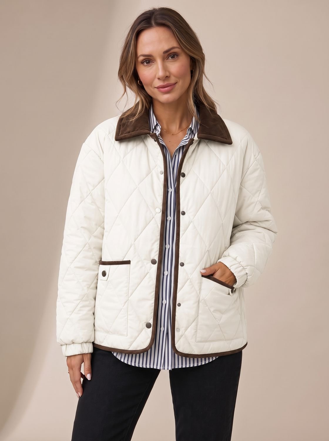 Cozy Diamond Quilted Jacket for Women with Corduroy Collar Long Sleeve Snap Front Oversized Style