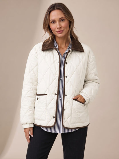 Cozy Diamond Quilted Jacket for Women with Corduroy Collar Long Sleeve Snap Front Oversized Style