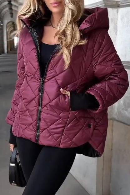 Effortless Quilted Puffer Jacket for Women with Hooded Long Sleeve Zip Front Relaxed Style