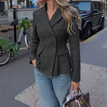 Elegant Gray Peplum Blazer for Women with Notched Lapel Long Sleeve Double Breasted Fitted Style