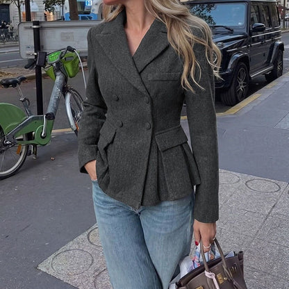 Elegant Gray Peplum Blazer for Women with Notched Lapel Long Sleeve Double Breasted Fitted Style