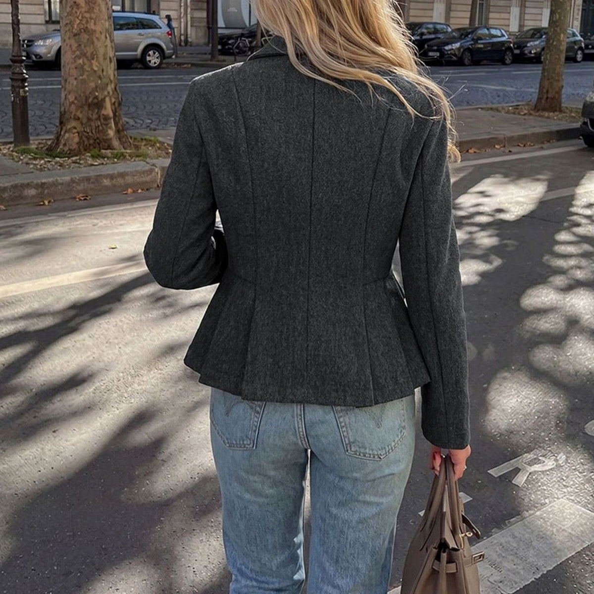 Elegant Gray Peplum Blazer for Women with Notched Lapel Long Sleeve Double Breasted Fitted Style