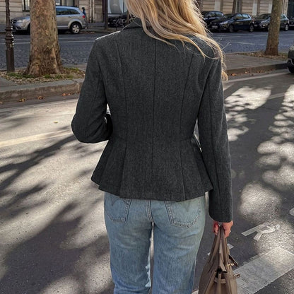 Elegant Gray Peplum Blazer for Women with Notched Lapel Long Sleeve Double Breasted Fitted Style