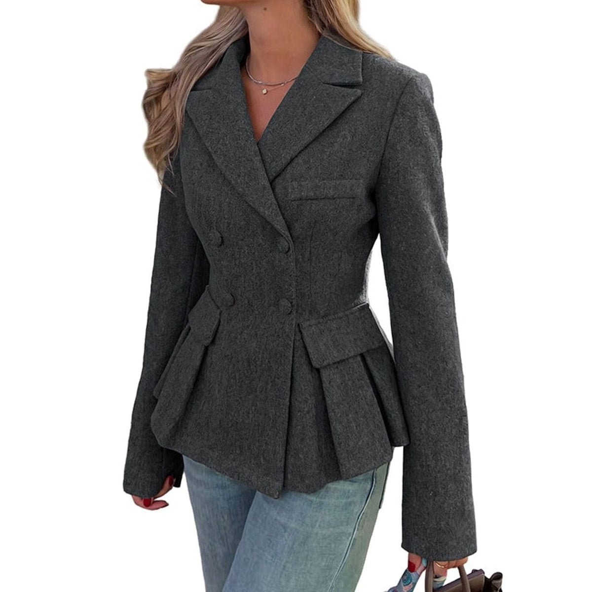 Elegant Gray Peplum Blazer for Women with Notched Lapel Long Sleeve Double Breasted Fitted Style