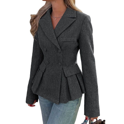 Elegant Gray Peplum Blazer for Women with Notched Lapel Long Sleeve Double Breasted Fitted Style