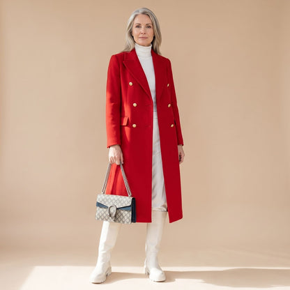 Elegant Camel Wool Coat for Women with Double Breasted Notched Lapel Long Sleeve Midi Pea Coat Style