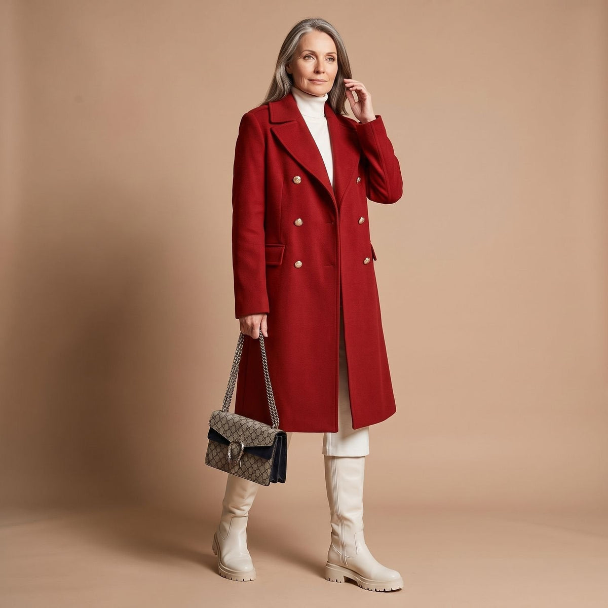 Elegant Camel Wool Coat for Women with Double Breasted Notched Lapel Long Sleeve Midi Pea Coat Style
