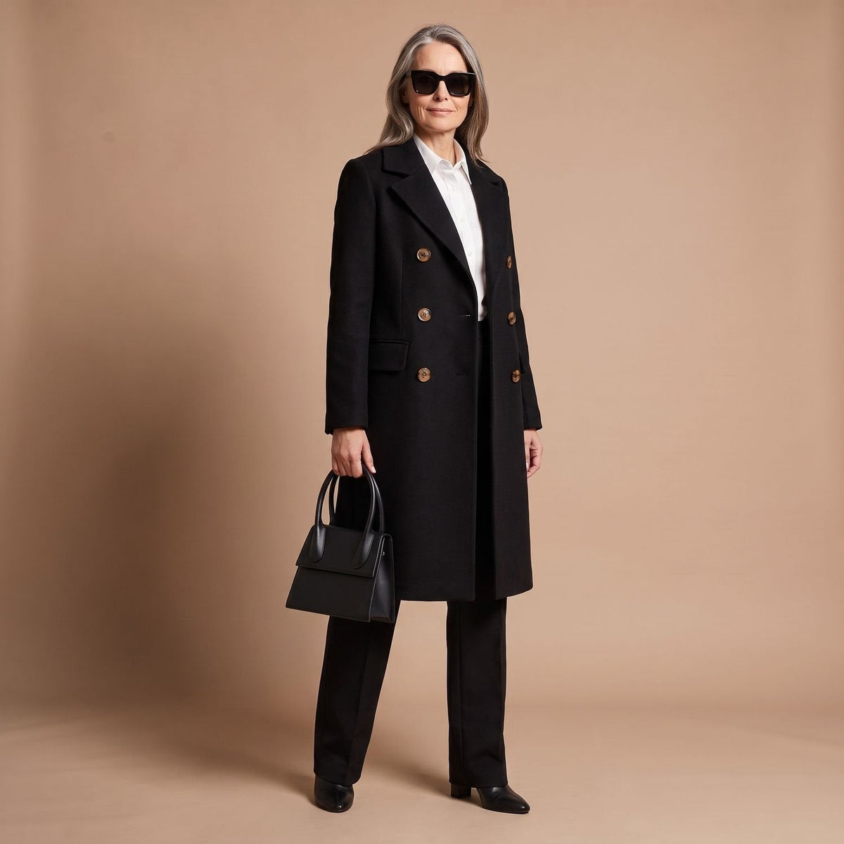 Elegant Camel Wool Coat for Women with Double Breasted Notched Lapel Long Sleeve Midi Pea Coat Style