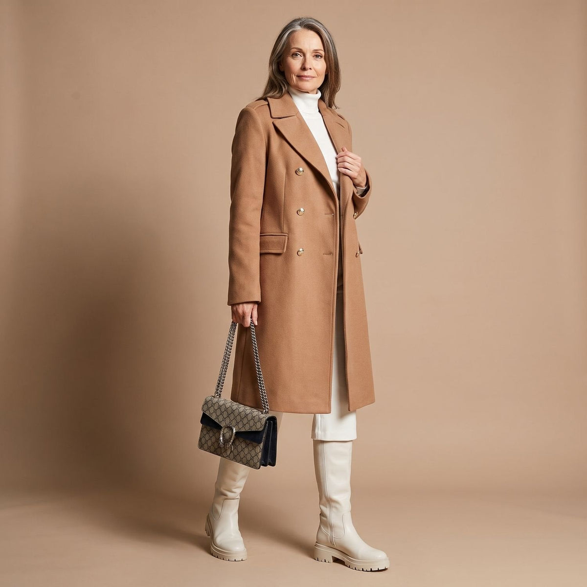 Elegant Camel Wool Coat for Women with Double Breasted Notched Lapel Long Sleeve Midi Pea Coat Style