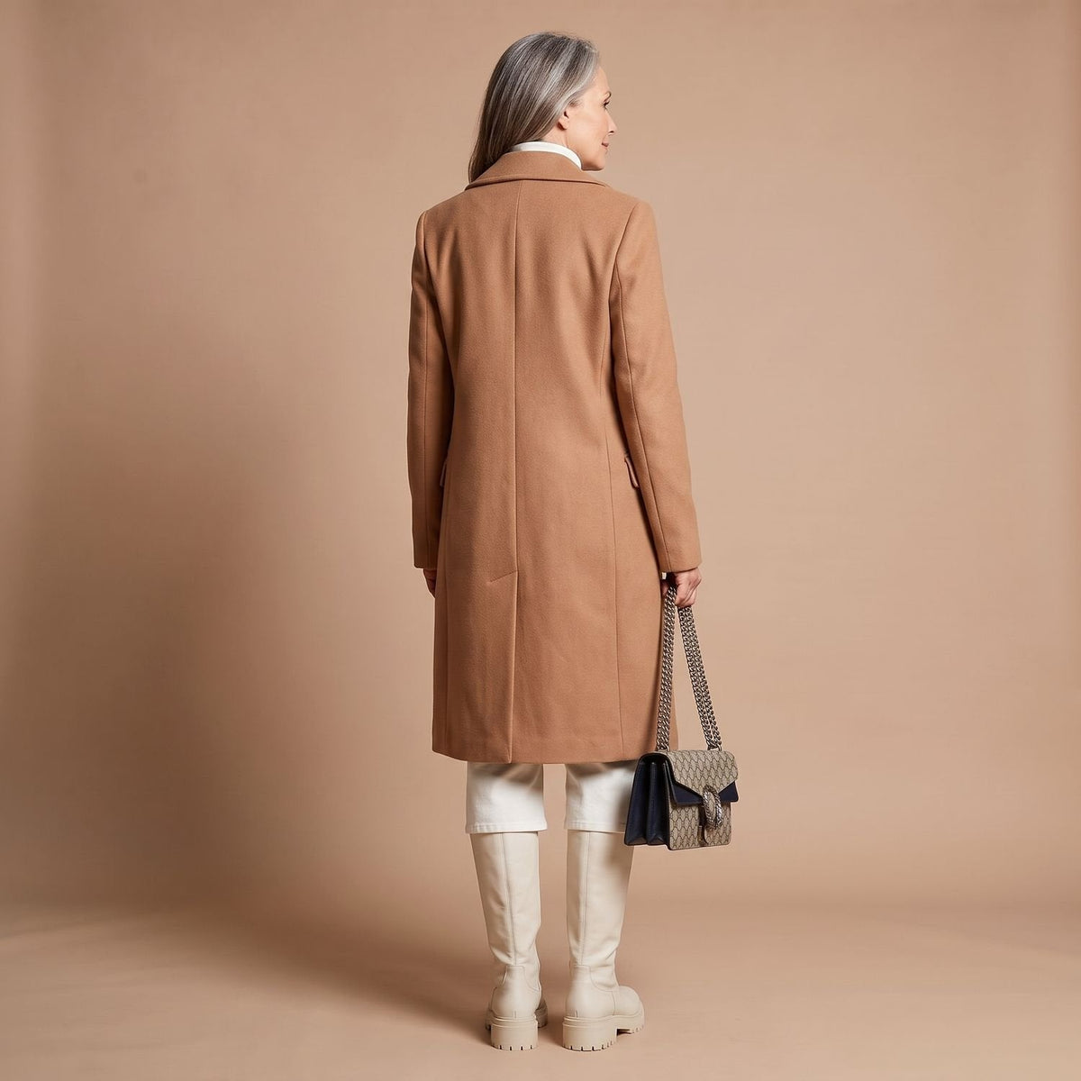 Elegant Camel Wool Coat for Women with Double Breasted Notched Lapel Long Sleeve Midi Pea Coat Style