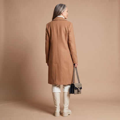 Elegant Camel Wool Coat for Women with Double Breasted Notched Lapel Long Sleeve Midi Pea Coat Style