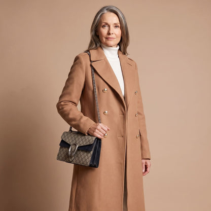 Elegant Camel Wool Coat for Women with Double Breasted Notched Lapel Long Sleeve Midi Pea Coat Style