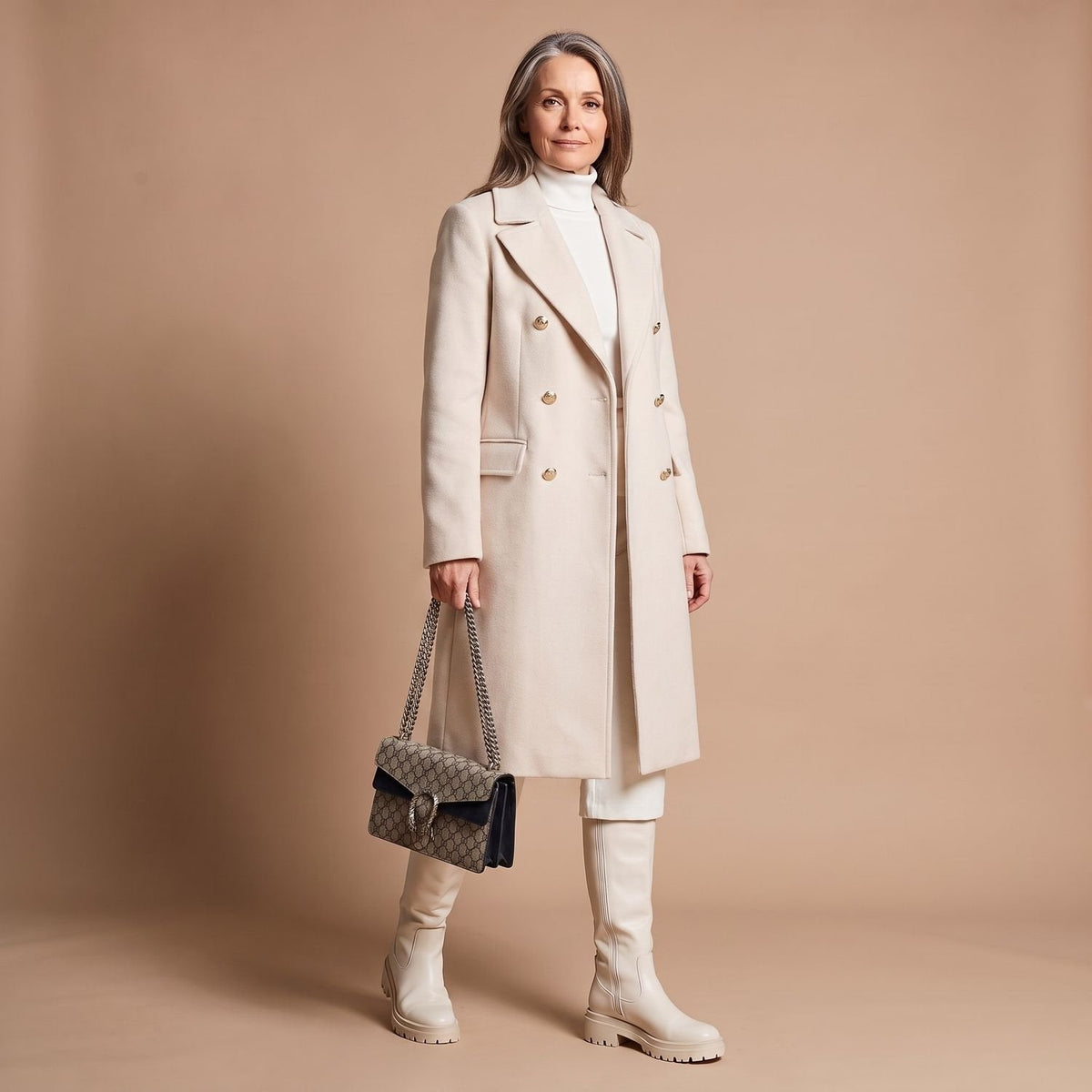 Elegant Camel Wool Coat for Women with Double Breasted Notched Lapel Long Sleeve Midi Pea Coat Style