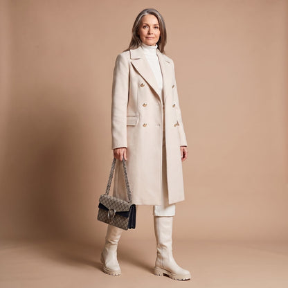 Elegant Camel Wool Coat for Women with Double Breasted Notched Lapel Long Sleeve Midi Pea Coat Style