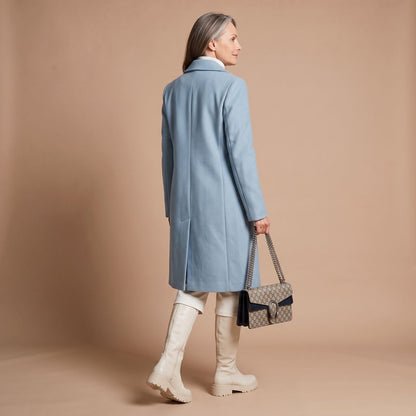 Elegant Camel Wool Coat for Women with Double Breasted Notched Lapel Long Sleeve Midi Pea Coat Style