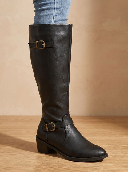 Chic Faux Leather Knee High Boots for Women with Double Buckle Side-Zip Block Heel Round-Toe Style