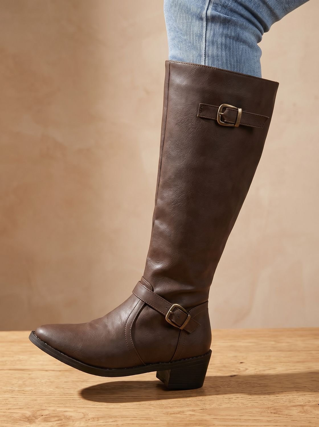 Chic Faux Leather Knee High Boots for Women with Double Buckle Side-Zip Block Heel Round-Toe Style