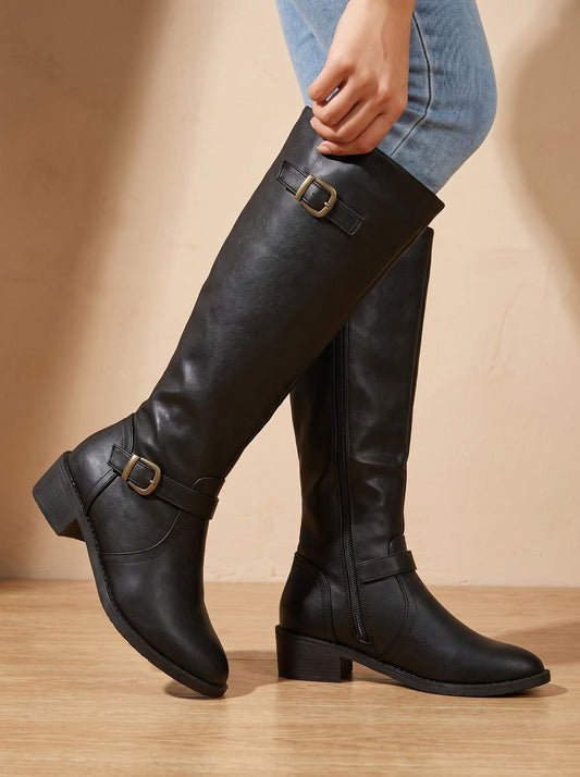 Chic Faux Leather Knee High Boots for Women with Double Buckle Side-Zip Block Heel Round-Toe Style