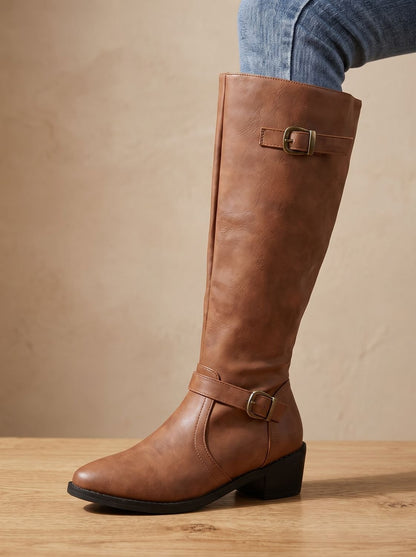Chic Faux Leather Knee High Boots for Women with Double Buckle Side-Zip Block Heel Round-Toe Style