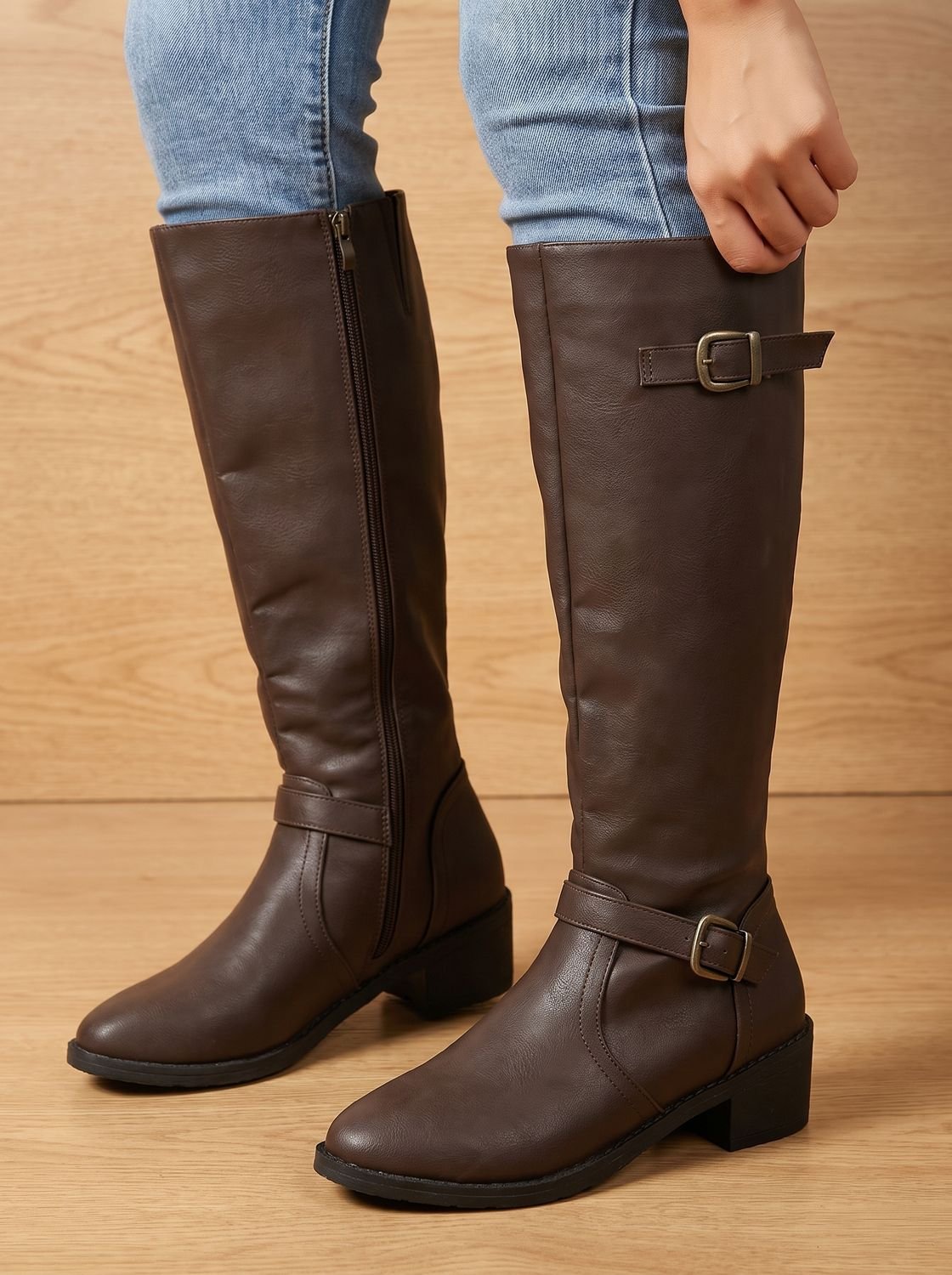 Chic Faux Leather Knee High Boots for Women with Double Buckle Side-Zip Block Heel Round-Toe Style