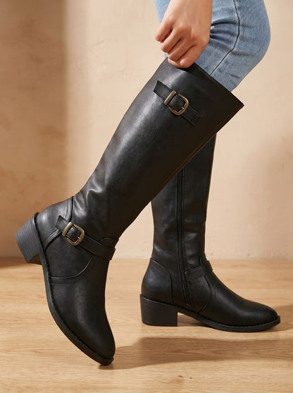 Chic Faux Leather Knee High Boots for Women with Double Buckle Side-Zip Block Heel Round-Toe Style