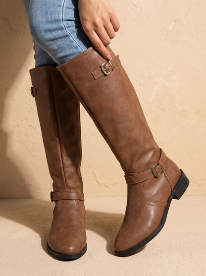 Chic Faux Leather Knee High Boots for Women with Double Buckle Side-Zip Block Heel Round-Toe Style