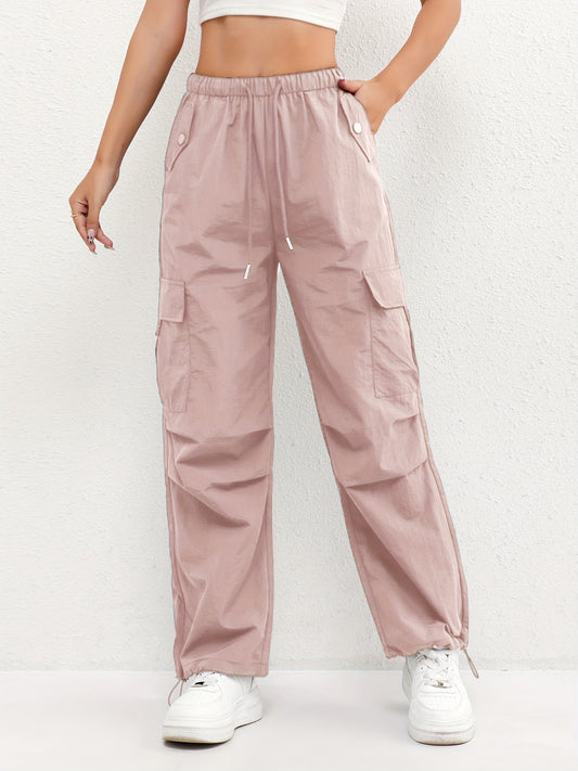 Effortless Blush Pink Cargo Pants for Women with High Waisted Drawstring Wide Leg Relaxed Style