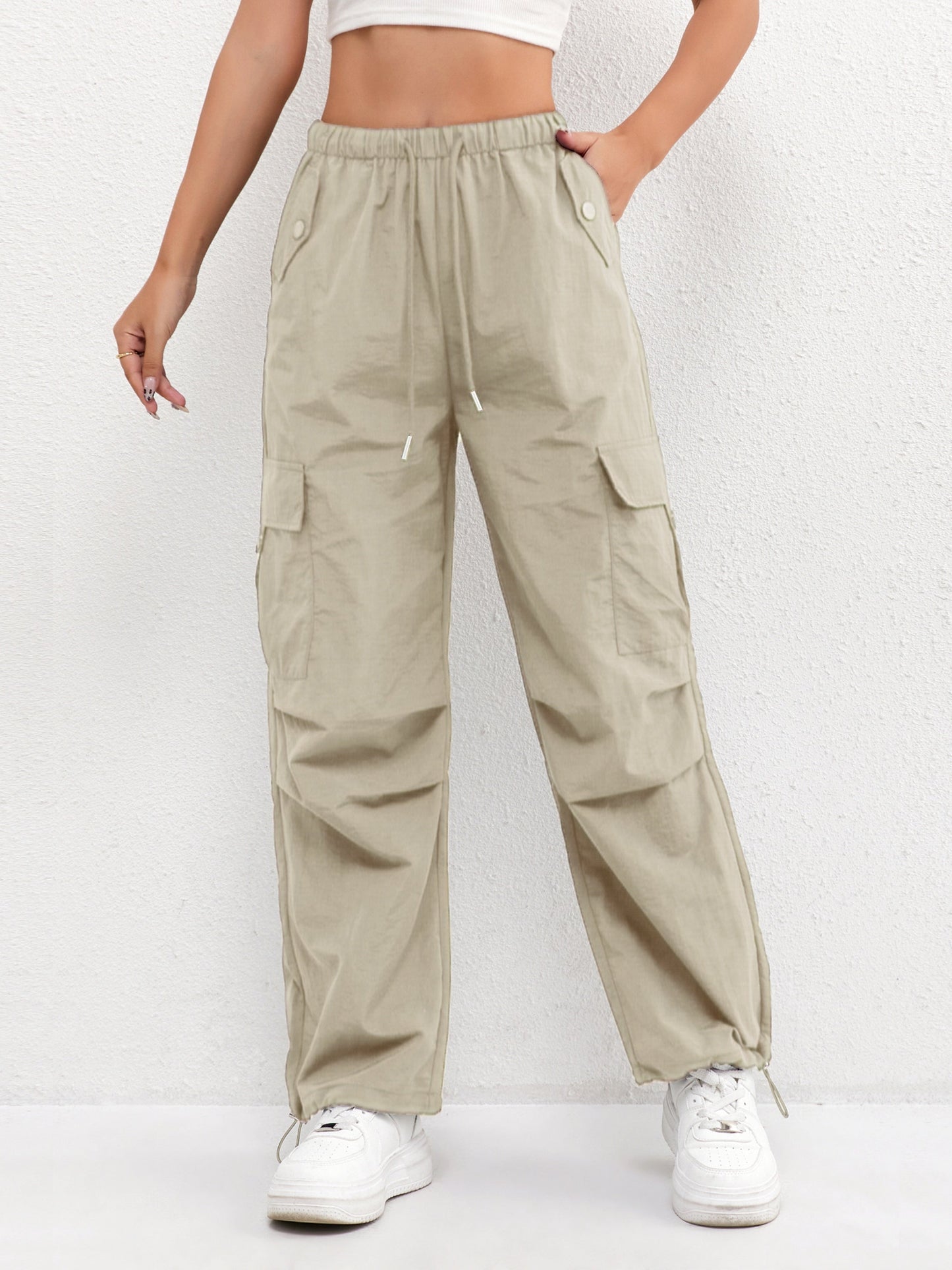 Effortless Pink Cargo Pants for Women with High Waist Drawstring Wide Leg Relaxed Casual Style