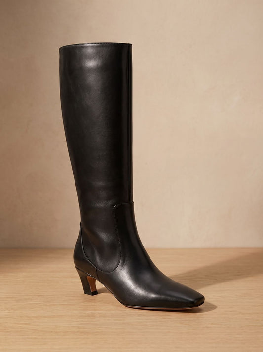 Chic Faux Leather Knee High Boots for Women with Square Toe Low Heel Pull-On Elegant Style
