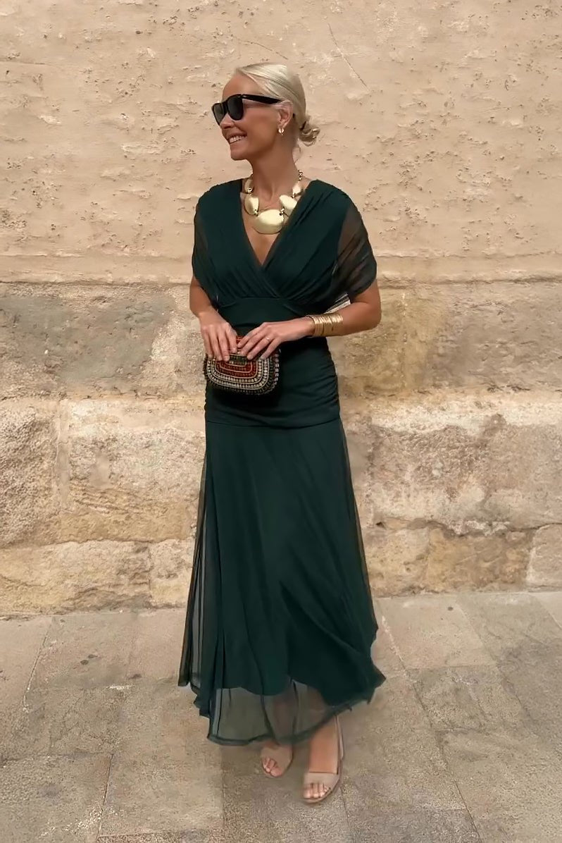 Elegant Wedding Guest Dress for Women with V Neck Short Sleeve Flowing Maxi Formal Style