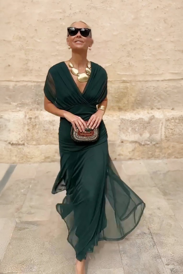Elegant Wedding Guest Dress for Women with V Neck Short Sleeve Flowing Maxi Formal Style