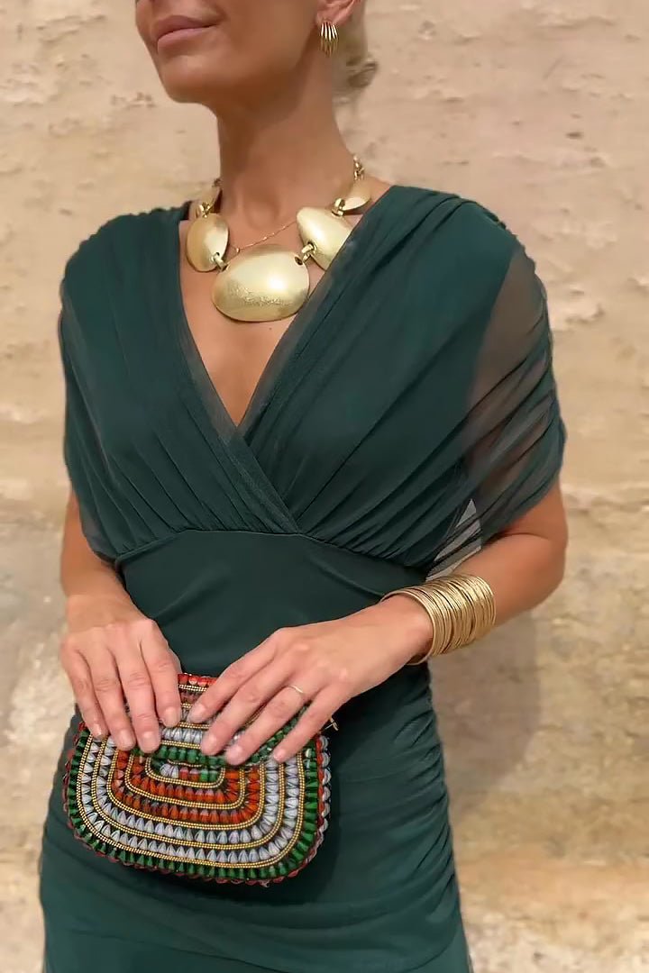 Elegant Wedding Guest Dress for Women with V Neck Short Sleeve Flowing Maxi Formal Style