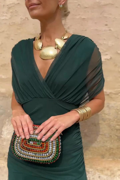 Elegant Wedding Guest Dress for Women with V Neck Short Sleeve Flowing Maxi Formal Style