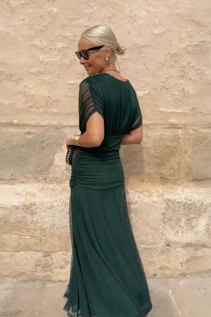 Elegant Wedding Guest Dress for Women with V Neck Short Sleeve Flowing Maxi Formal Style