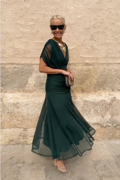 Elegant Wedding Guest Dress for Women with V Neck Short Sleeve Flowing Maxi Formal Style