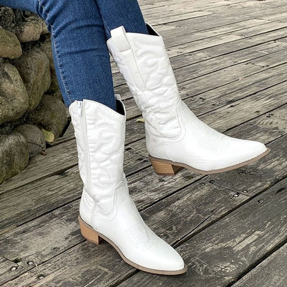 Stylish White Cowboy Boots for Women with Embroidered Mid Calf Pointed Toe Block Heel Western Style