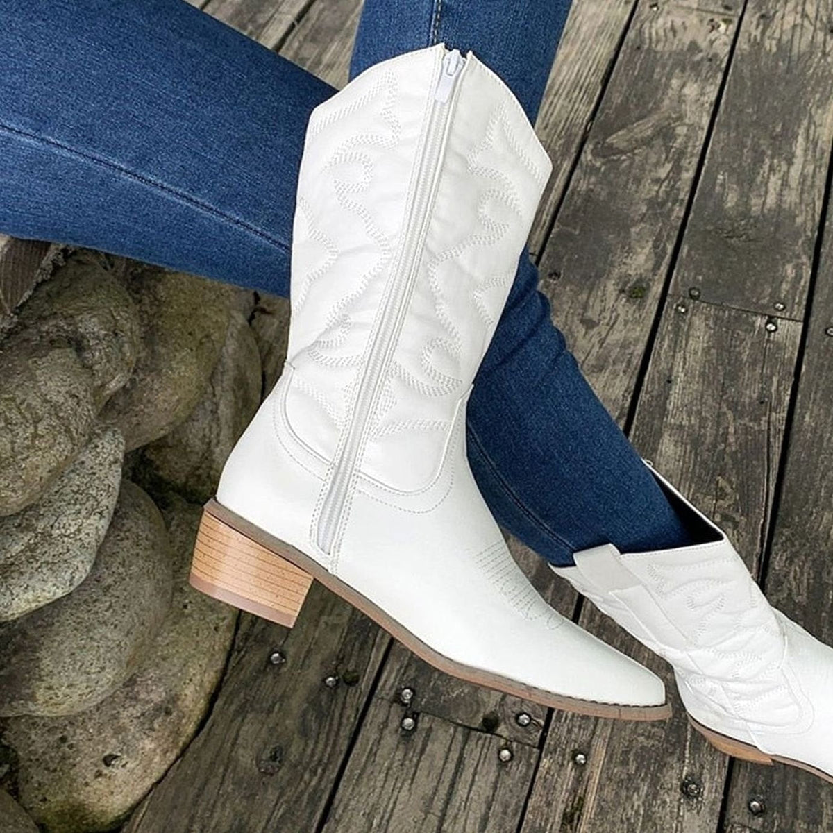 Stylish White Cowboy Boots for Women with Embroidered Mid Calf Pointed Toe Block Heel Western Style