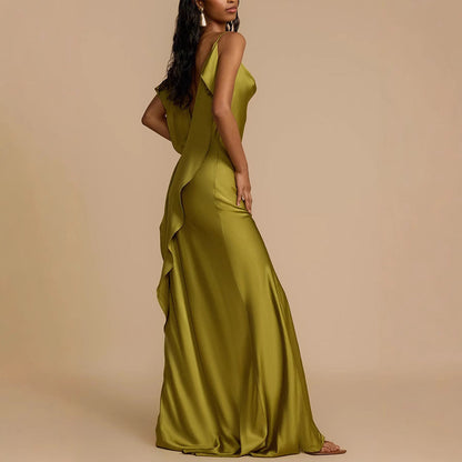 Elegant Olive Green Dress for Women with Cowl Neck Sleeveless Ruffle Trim High Slit Maxi Flowing Style