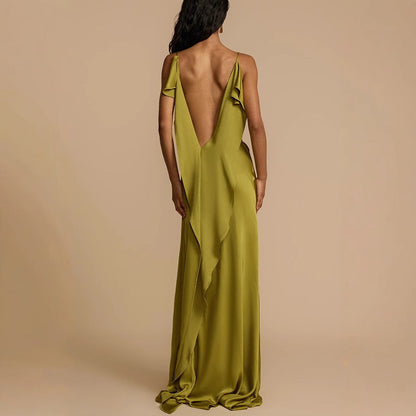 Elegant Olive Green Dress for Women with Cowl Neck Sleeveless Ruffle Trim High Slit Maxi Flowing Style