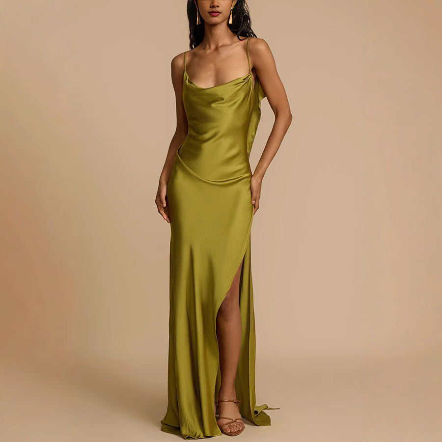 Elegant Olive Green Dress for Women with Cowl Neck Sleeveless Ruffle Trim High Slit Maxi Flowing Style
