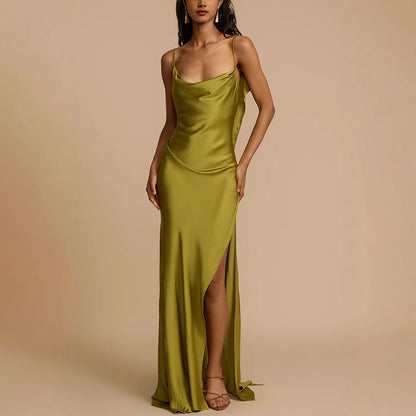 Elegant Olive Green Dress for Women with Cowl Neck Sleeveless Ruffle Trim High Slit Maxi Flowing Style