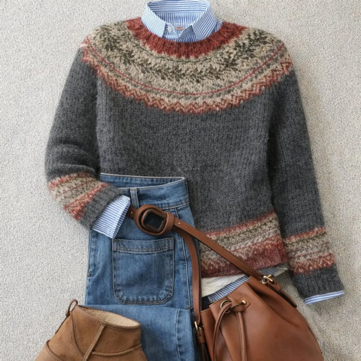 Comfortable Gray Fair Isle Knit Sweater for Women with Crew Neck Long Sleeve Ribbed Oversized Style