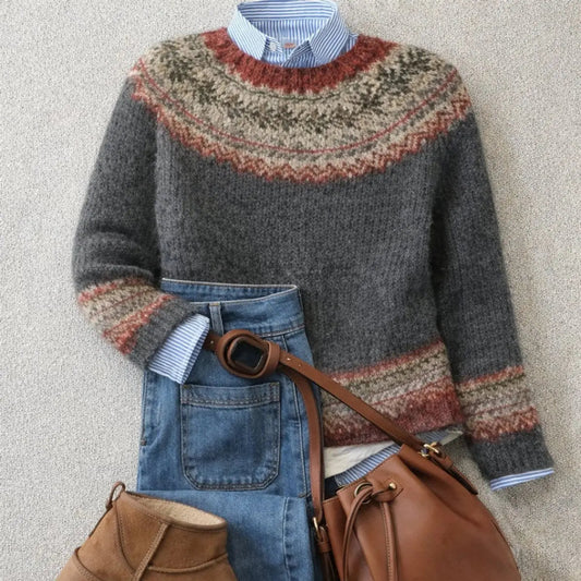 Comfortable Gray Fair Isle Knit Sweater for Women with Crew Neck Long Sleeve Ribbed Oversized Style
