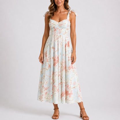Elegant Floral Autumn Wedding Guest Dress for Women with Sweetheart Neckline Tie Strap Ruched Pleated Style