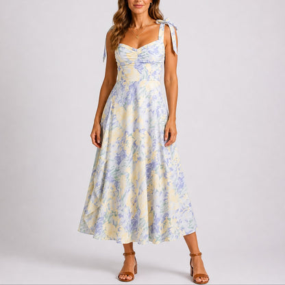 Elegant Floral Autumn Wedding Guest Dress for Women with Sweetheart Neckline Tie Strap Ruched Pleated Style