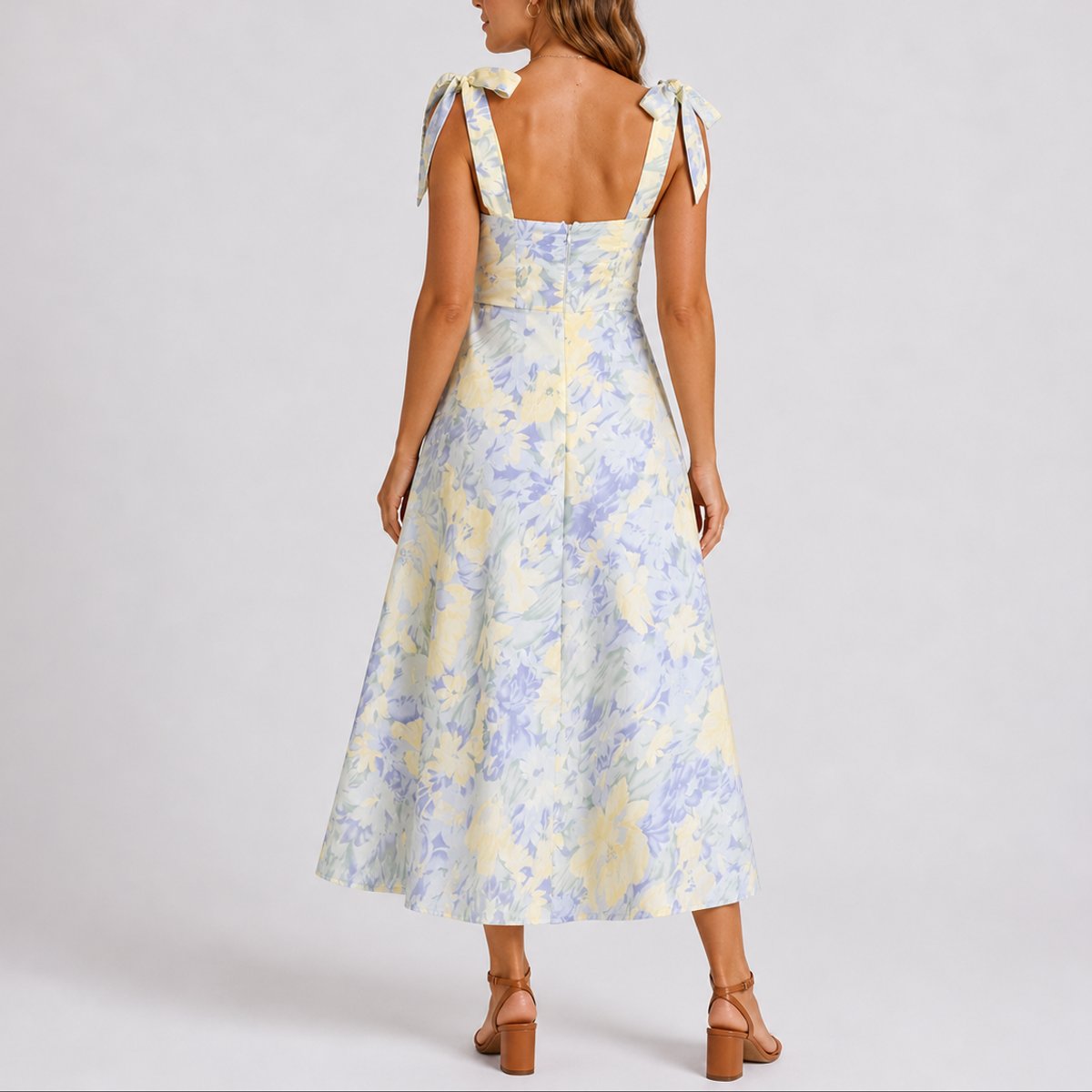 Elegant Floral Autumn Wedding Guest Dress for Women with Sweetheart Neckline Tie Strap Ruched Pleated Style