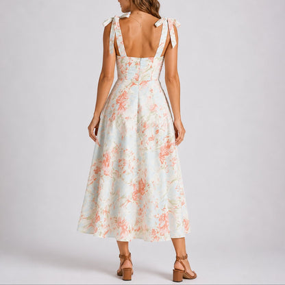 Elegant Floral Autumn Wedding Guest Dress for Women with Sweetheart Neckline Tie Strap Ruched Pleated Style